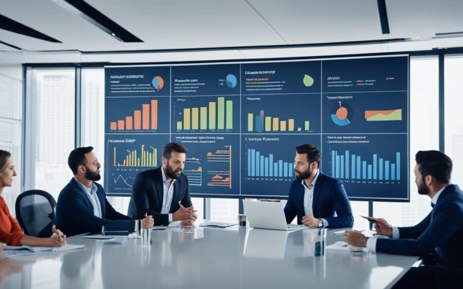 Group of business professionals in a conference room discussing charts and graphs displayed on a large screen.