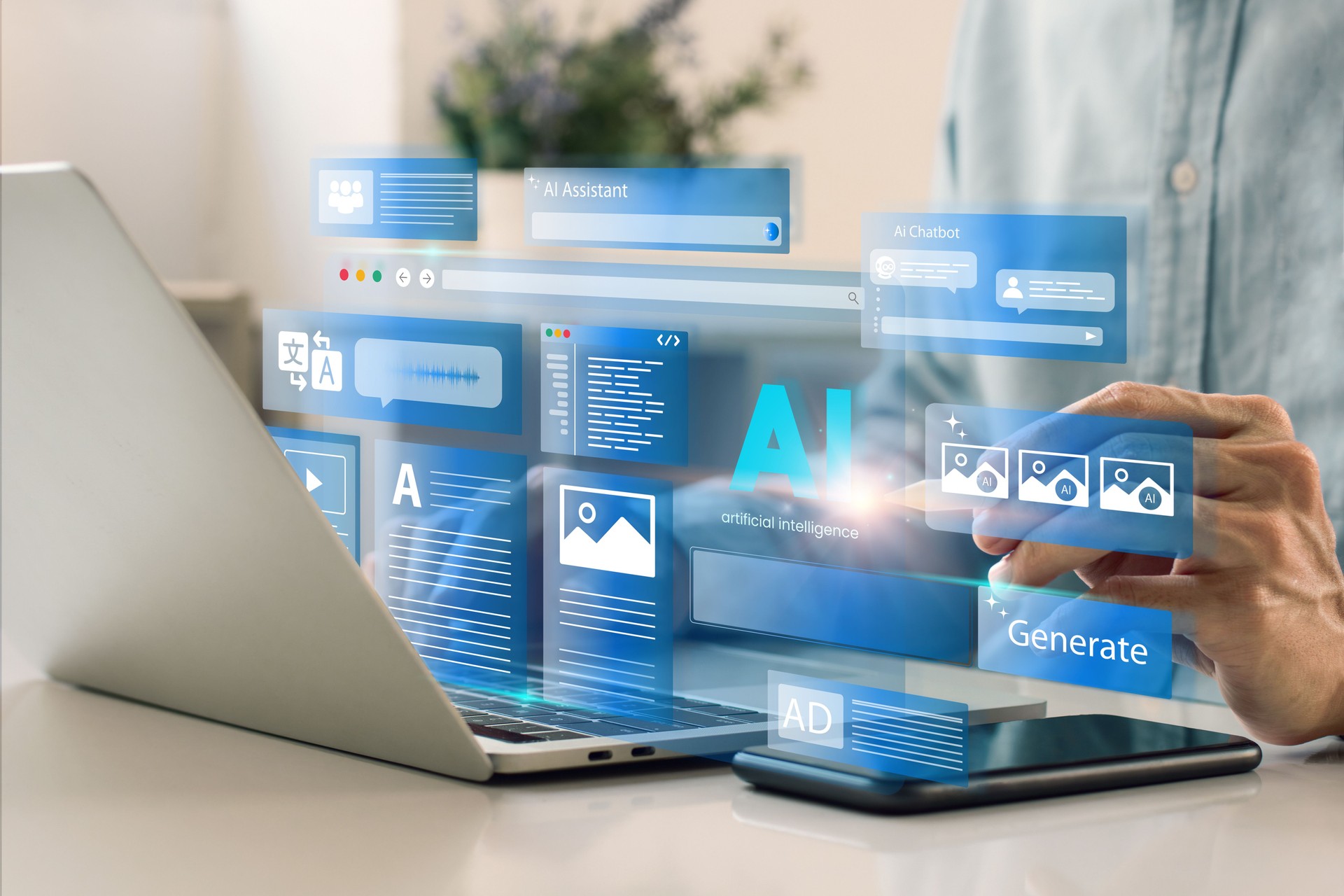 Generador de contenidos de inteligencia artificial. Un hombre usa una computadora portátil para interactuar con el asistente de IA. La IA ofrece funciones como chatbot, generar imágenes, escribir código, escribir bots, traducir y publicidad.